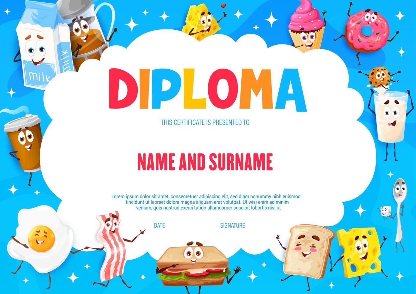 diplôme pour enfants avec personnage de dessin animé pour le petit déjeuner vecteur