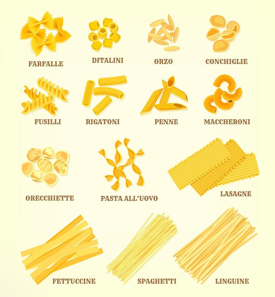 types de pâtes italiennes ou sortes d'icônes vectorielles vecteur