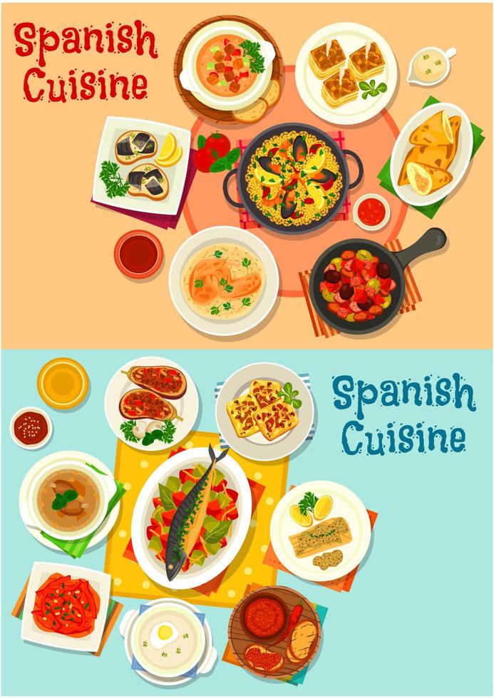 jeu d'icônes de menu de cuisine espagnole pour la conception du dîner vecteur