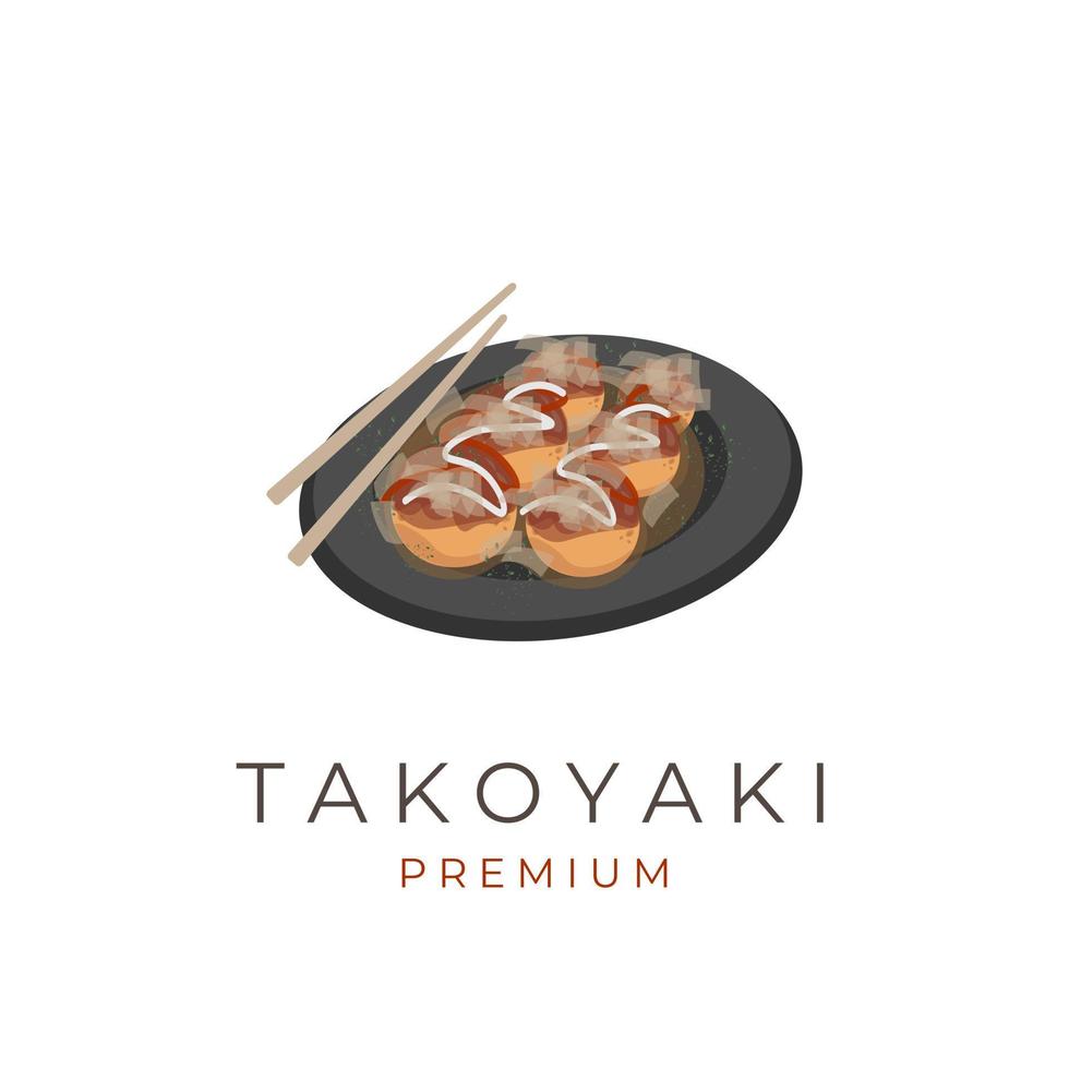 logo d'illustration de takoyaki de cuisine japonaise sur une assiette vecteur