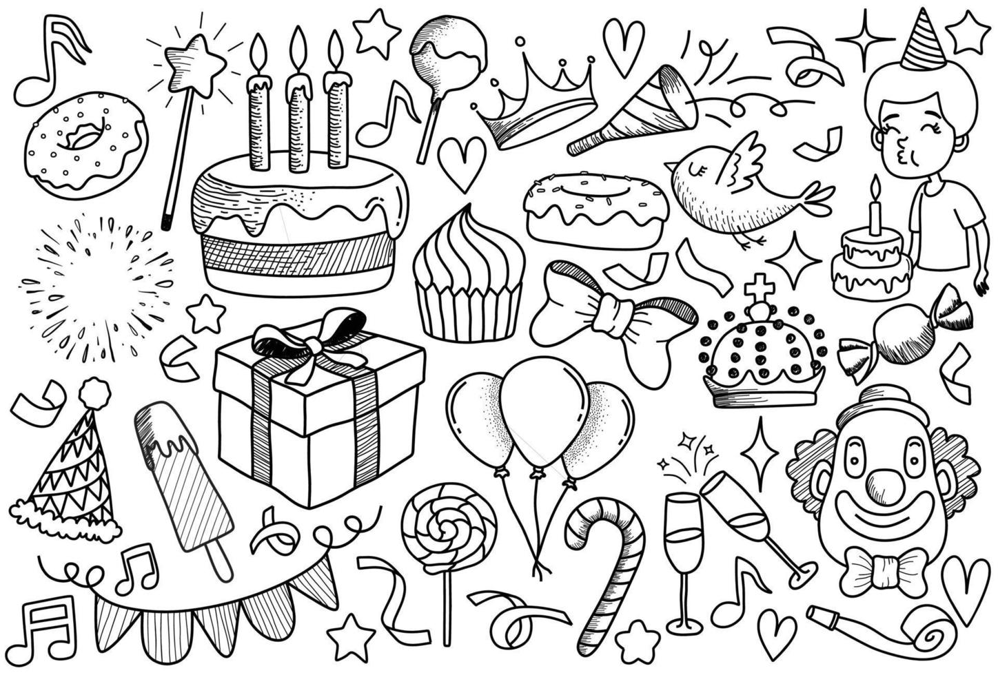 ensemble d'objets et de symboles de dessin animé de doodle sur la fête d'anniversaire. vecteur