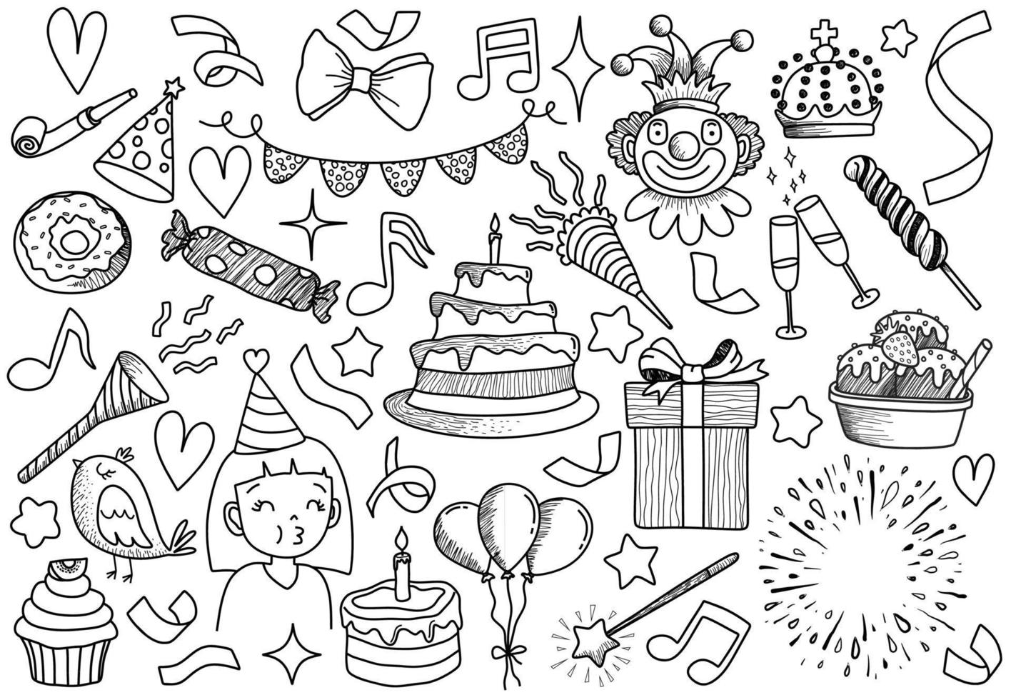 ensemble d'objets et de symboles de dessin animé de doodle sur la fête d'anniversaire. vecteur