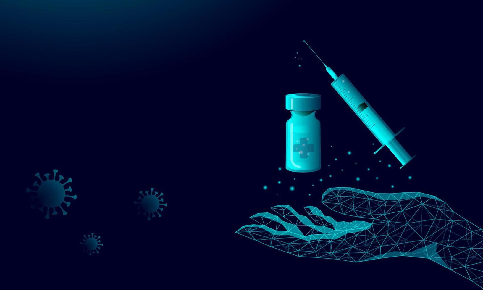 vaccin contre le coronavirus et main humaine sur fond sombre dans un style low poly. le concept de créer un médicament, de sauver et de protéger l'humanité du virus. illustration de stock de vecteur. vecteur