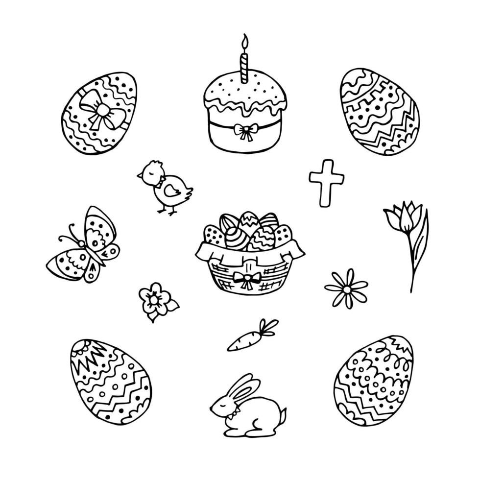 éléments de pâques mis croquis de dessin à la main dans le style doodles isolé sur fond blanc. illustration vectorielle stock. vecteur