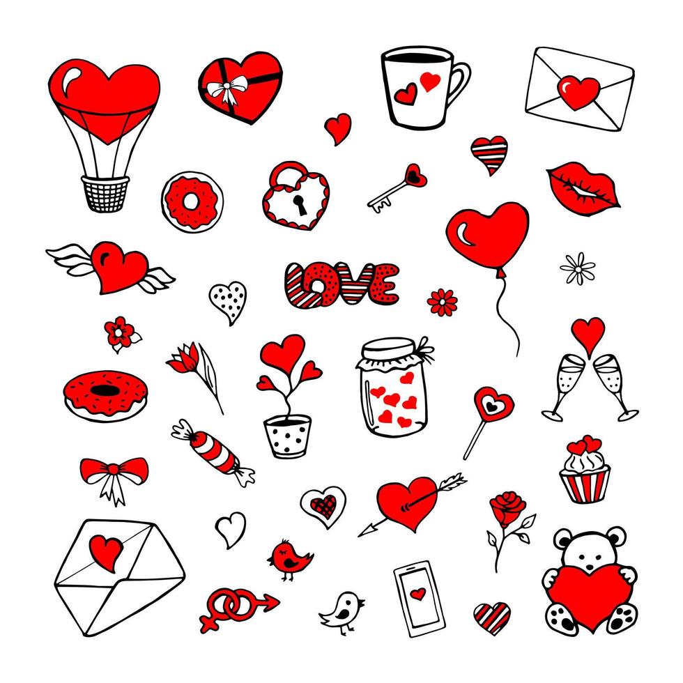 ensemble d'éléments de la saint-valentin croquis de dessin à la main isolé sur fond blanc. illustration vectorielle stock. vecteur