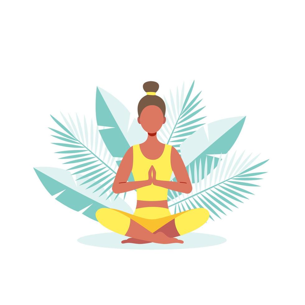 la fille sur fond de feuilles de palmier fait du yoga, médite. concept de mode de vie sain.illustration vectorielle de stock. vecteur