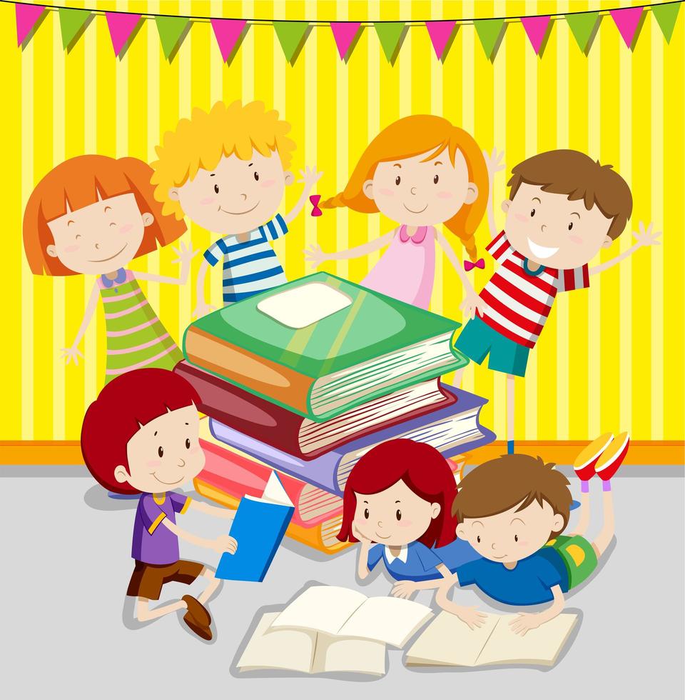 groupe d & # 39; enfants lisant des livres ensemble vecteur