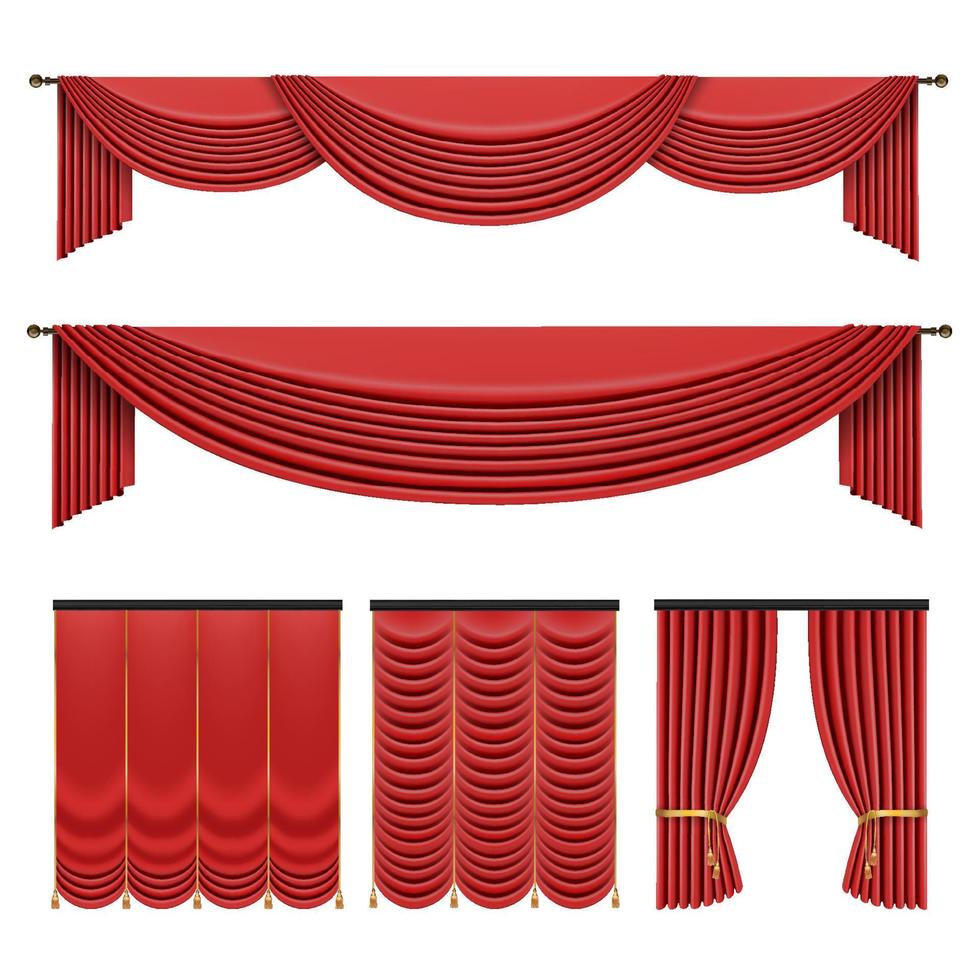 rideaux rouges dans un style classique isolé sur fond blanc. illustration vectorielle de luxe 3d réaliste. vecteur