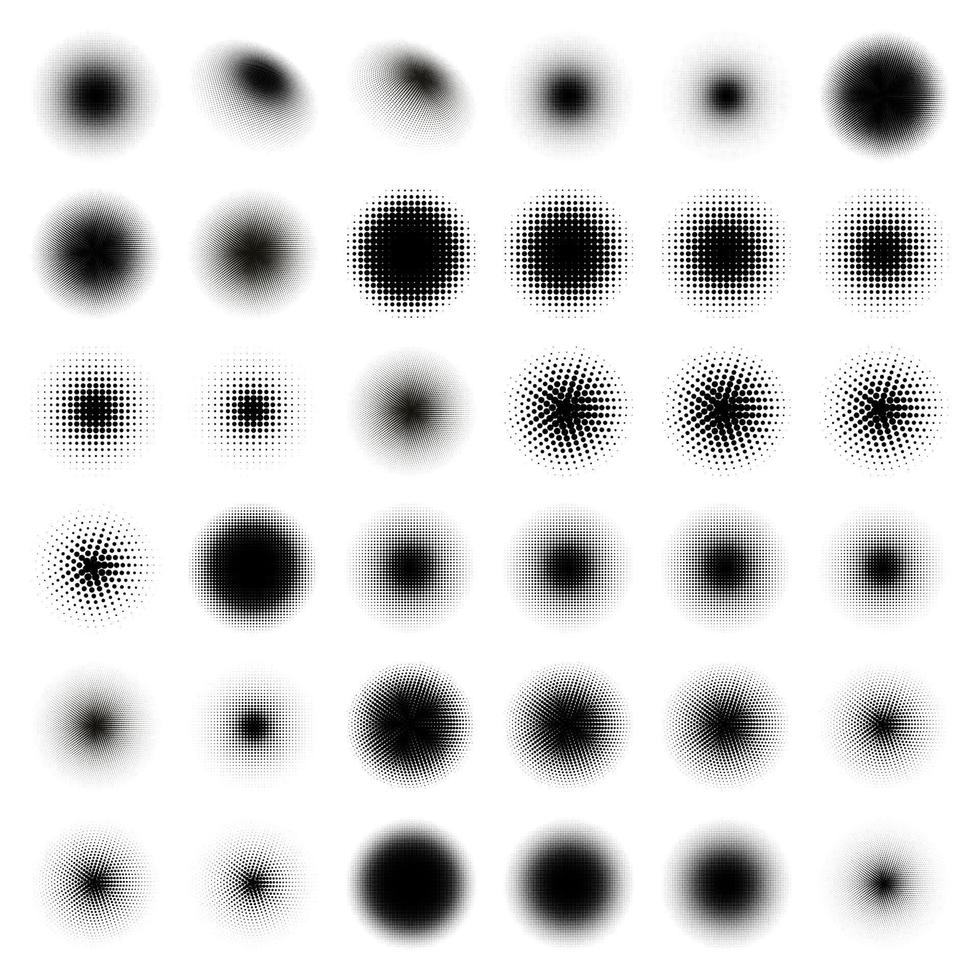 Grand ensemble de 36 cercles de demi-teintes. clipart grange popart. vecteur de cercle de demi-teinte rond abstrait. conception d'œuvres d'art artistiques de points de cercle de demi-teintes sur un ensemble de vecteurs de fond blanc.