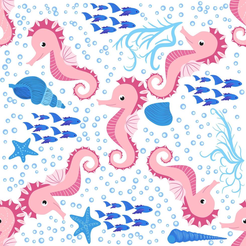 modèle sans couture d'hippocampe et d'étoile de mer. fond d'été de la vie marine. jolie vie marine. conception pour le tissu et la décoration vecteur