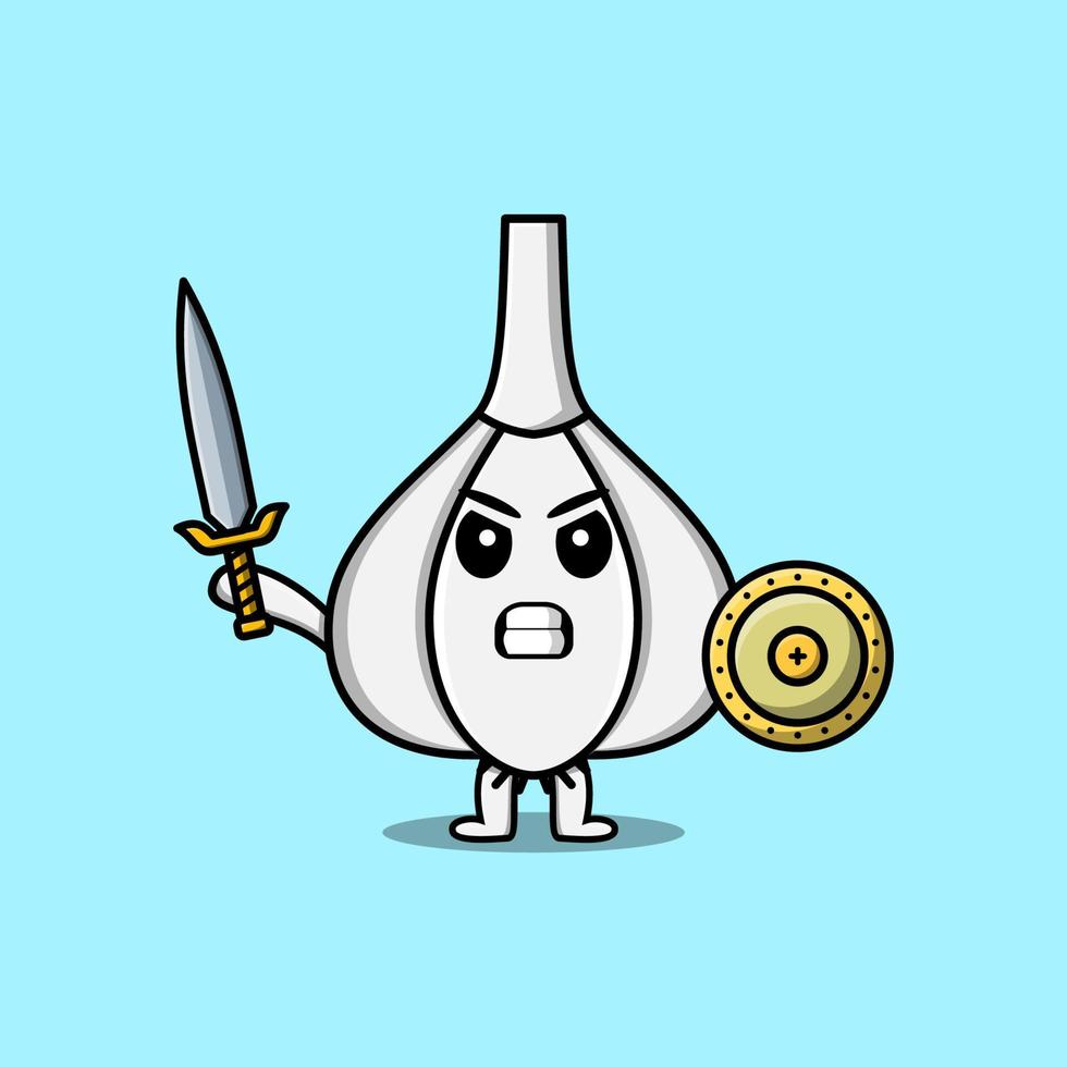 personnage de dessin animé mignon ail tenant une épée vecteur