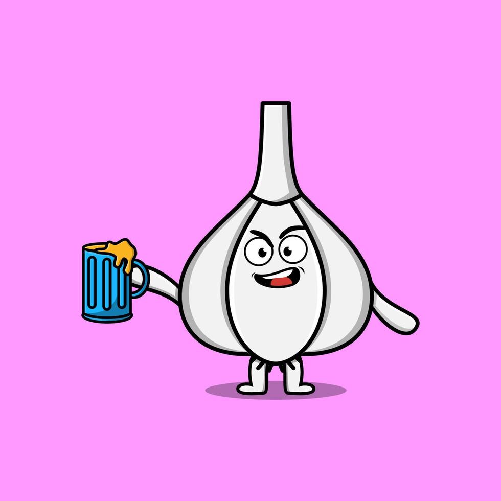 personnage de mascotte de dessin animé à l'ail avec verre à bière vecteur