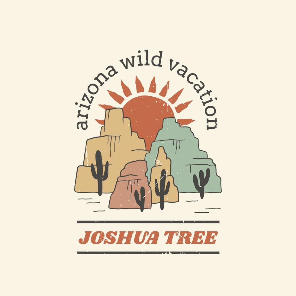 désert de l'arizona avec un imprimé graphique de montagne pour t-shirt. graphique vintage pour vêtements, autocollant, lot, affiche et arrière-plan. arbre de Josué. oeuvre d'art vintage occidentale en plein air. ambiance arizona vecteur