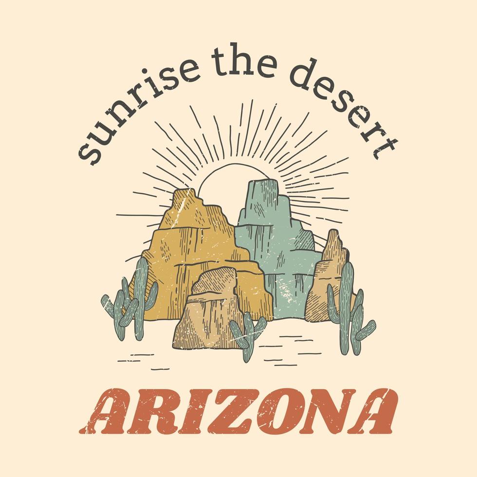 désert de l'arizona avec un imprimé graphique de montagne pour t-shirt. graphique vintage pour vêtements, autocollant, lot, affiche et arrière-plan. oeuvre d'art vintage occidentale en plein air. ambiance arizona vecteur