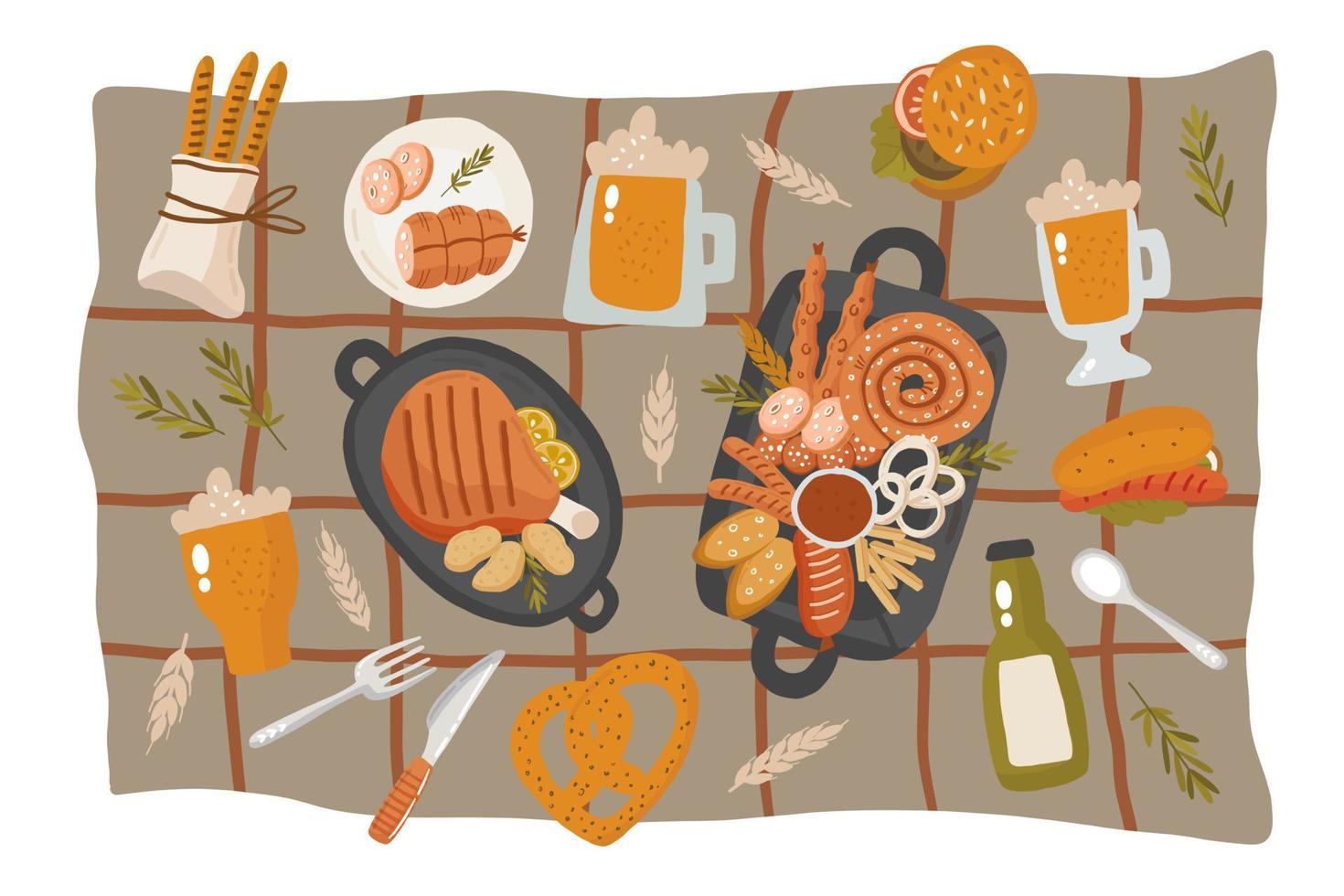 illustration vectorielle dessin animé plat de nourriture sur le menu de l'oktoberfest sur la table du dîner comme concept de fête. famille célébrant à la maison et mangeant ensemble. vue de dessus de table, mise à plat vecteur