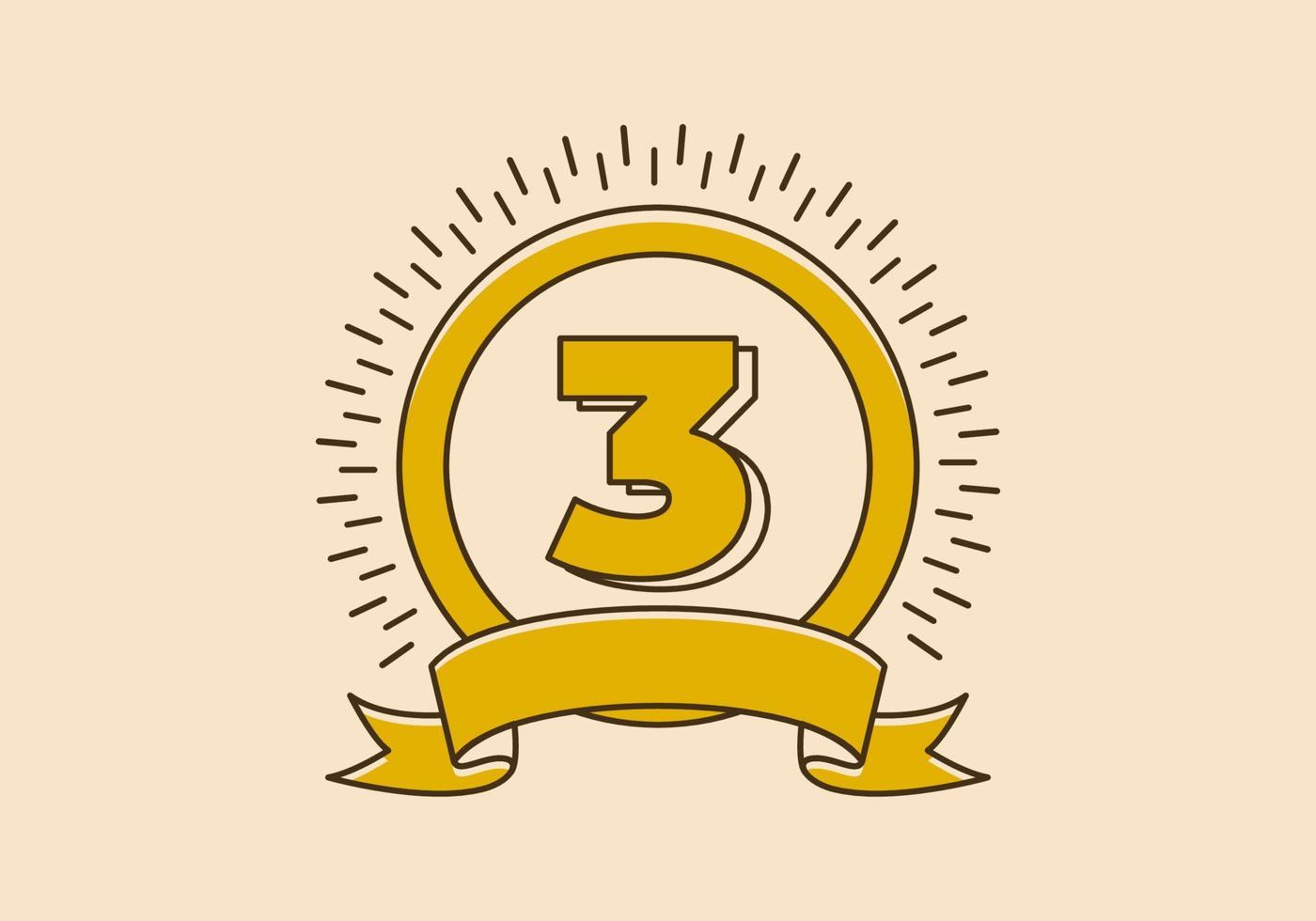 insigne de cercle jaune vintage avec le numéro 3 dessus vecteur