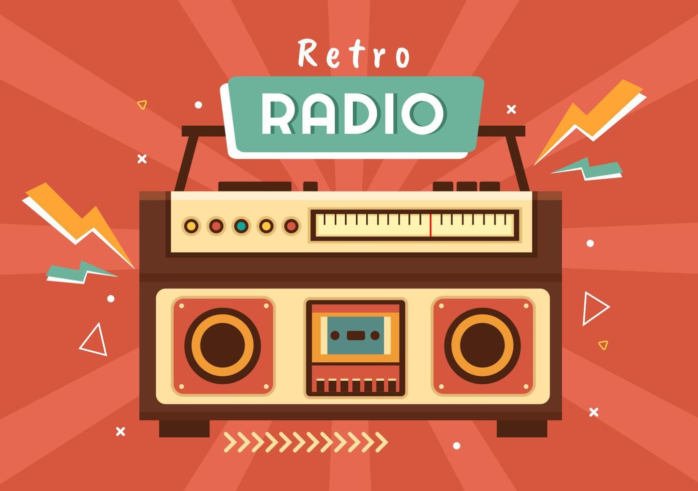 style de lecteur de radio rétro pour enregistrement, ancien récepteur, interviews de célébrités et écoute de musique dans le modèle illustration plate de dessin animé dessiné à la main vecteur