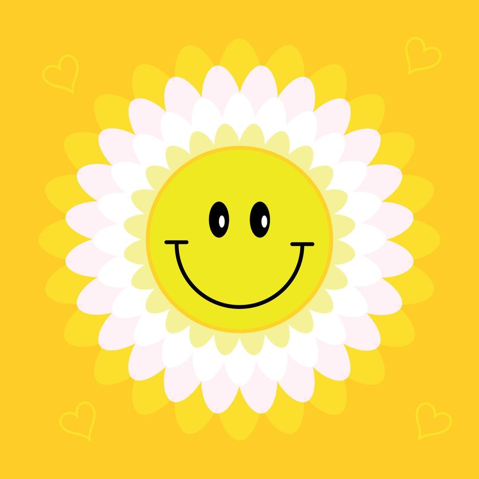 visage de sourire de fleur de marguerite. bonnes vibrations et émotion positive. style rétro des années 90. joli autocollant de fleur de sourire. émoticône heureuse. icône de conception créative de dessin animé. vecteur