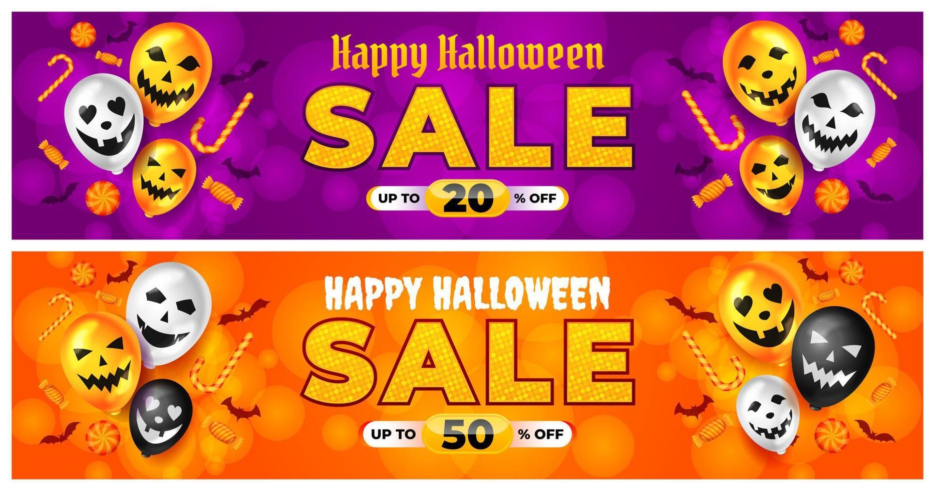 promotion de vente d'halloween avec ballon effrayant et vecteur de bonbons, arrière-plan joyeux halloween pour la promotion de la vente au détail, bannière, affiche, médias sociaux, alimentation, invitation