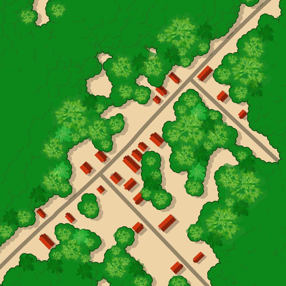vue de dessus paysage avec toits, champs, forêts et arbres rues de la ville et maisons illustration 3d vecteur
