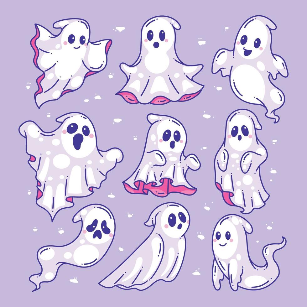 ensemble de fantômes mignons halloween dessinés à la main en couleur vecteur
