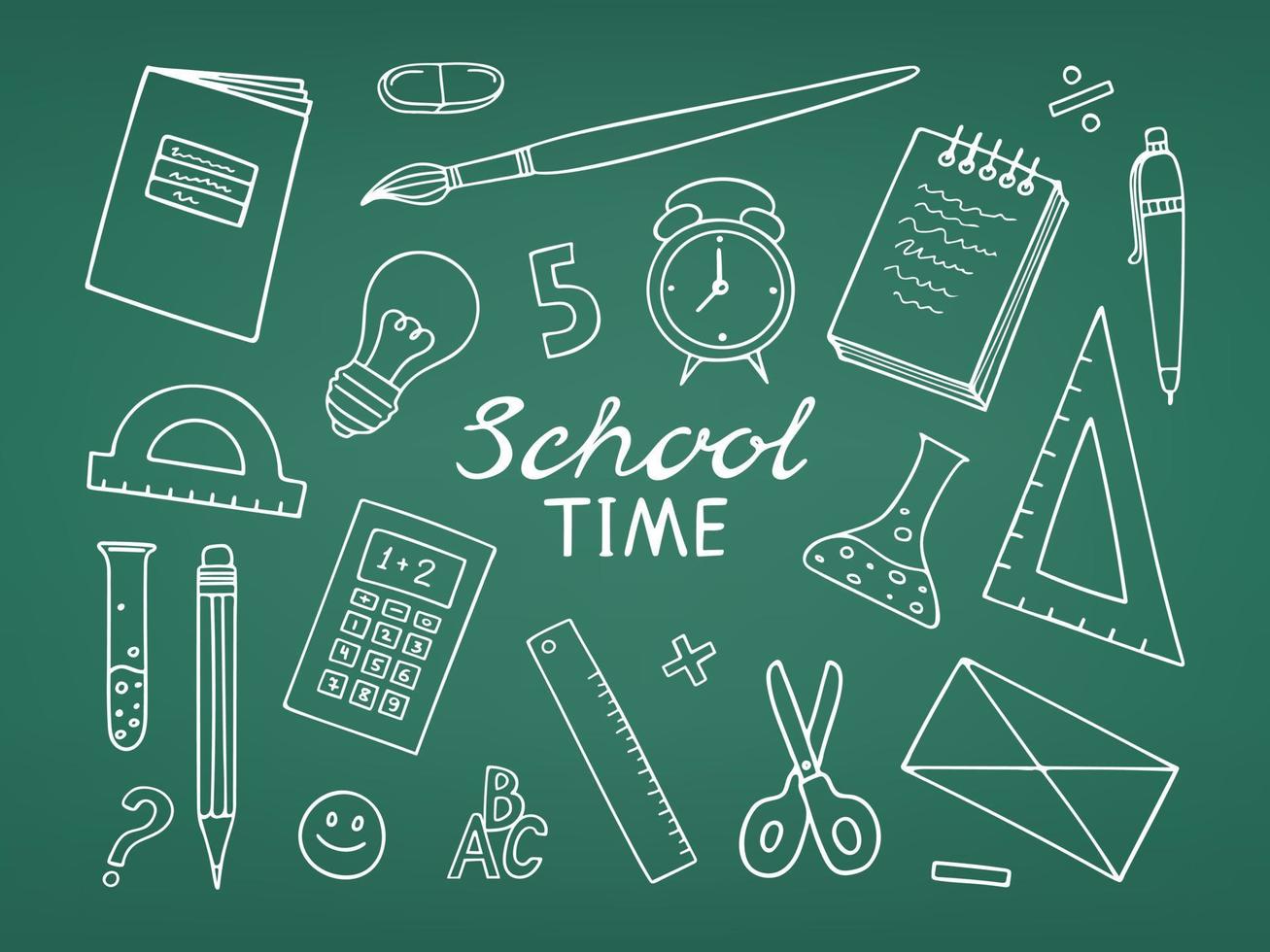 fournitures scolaires avec lettrage temps scolaire dessiné à la main sur la commission scolaire. illustration vectorielle doodle du thème de l'éducation. vecteur