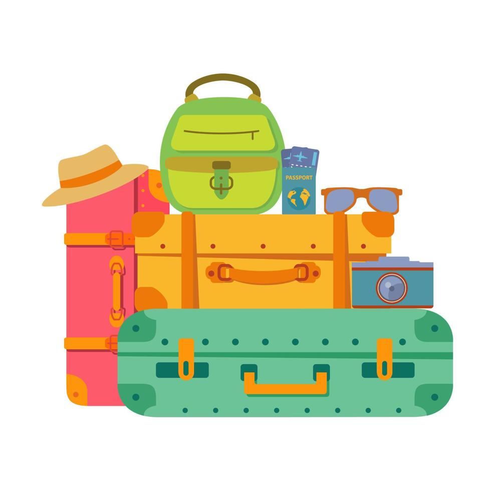 Valises et sacs. sac à main pour voyage. valises de voyage .illustration vectorielle isolée.voyage de vacances avec des palmiers. vecteur