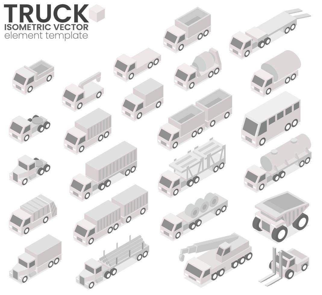 vecteur isométrique de la voiture de camion en tant qu'illustration de conception plate vecteur isométrique en trois dimensions de différents types de camion dans le modèle en niveaux de gris