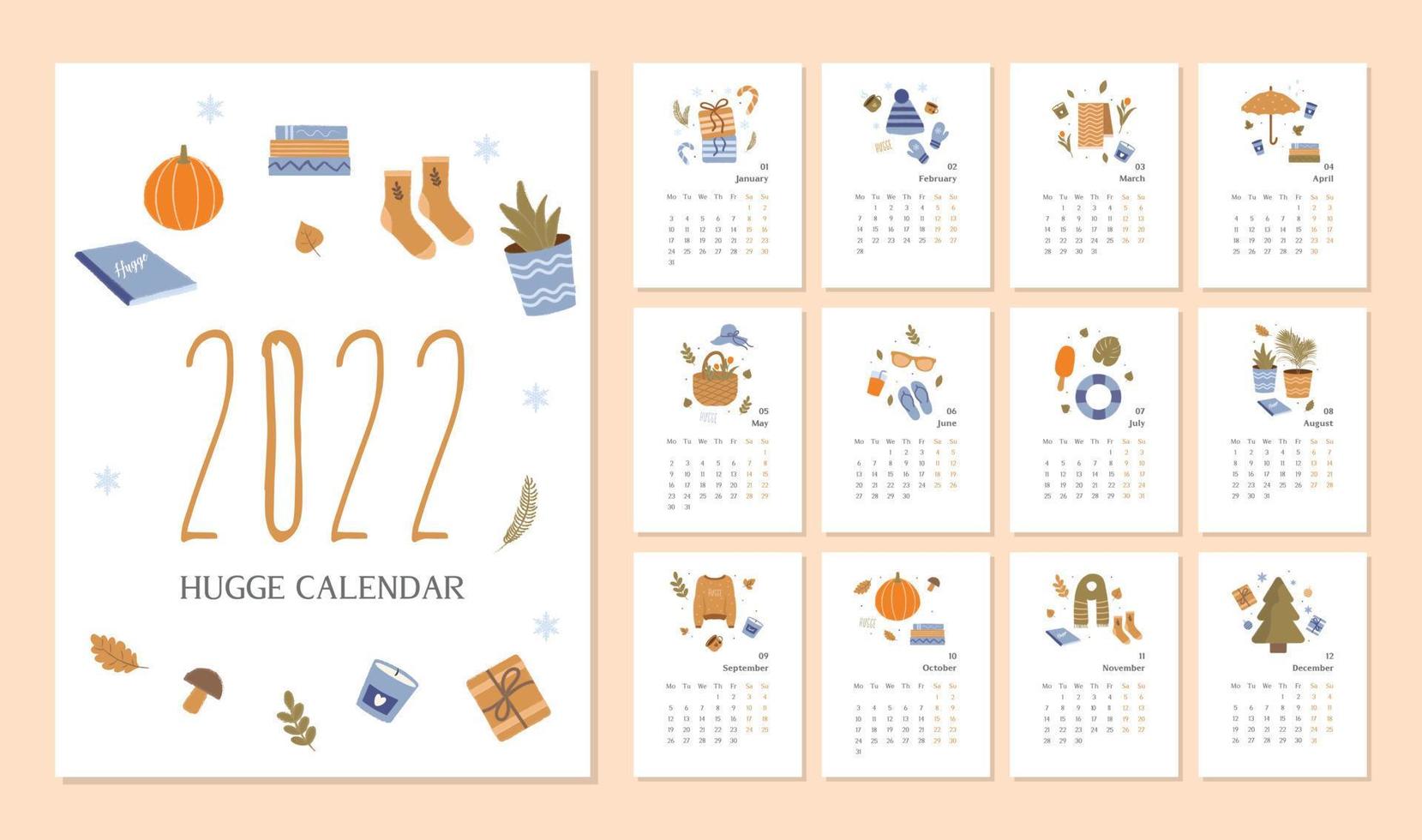 modèle de calendrier 2022 illustration hygge de couleur douce en vecteur