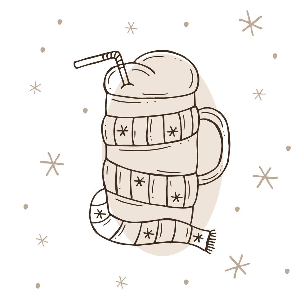 chocolat chaud dans un verre avec une écharpe. cacao chaud avec des flocons de neige sur fond blanc et marron. illustration vectorielle dans un style doodle. humeur d'hiver. bonjour 2023. joyeux noël et bonne année. vecteur