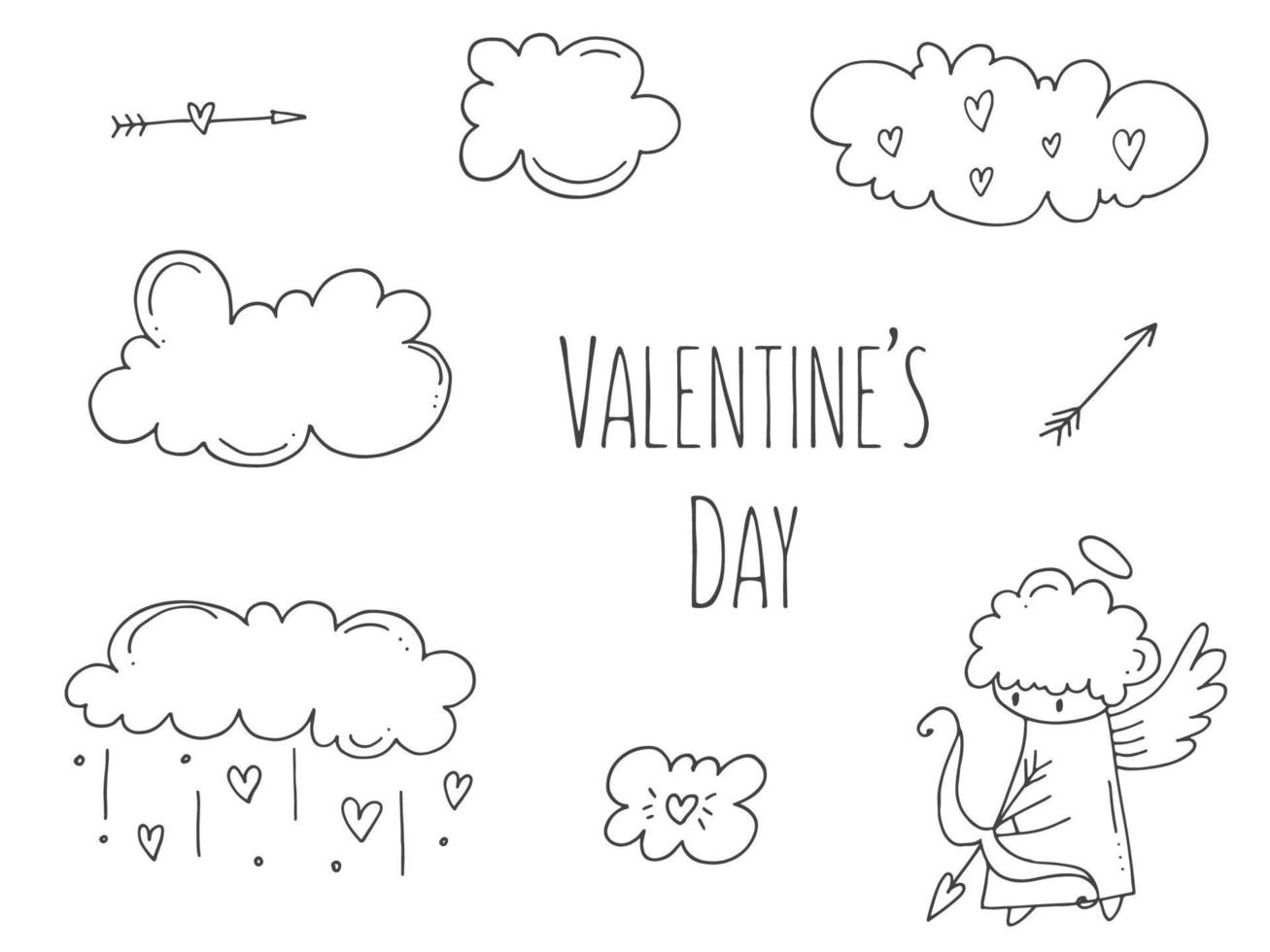 ensemble d'éléments de doodle mignons dessinés à la main sur l'amour. autocollants de message pour les applications. icônes pour la saint valentin, les événements romantiques et le mariage. cupidon avec un arc et une flèche dans les nuages. vecteur