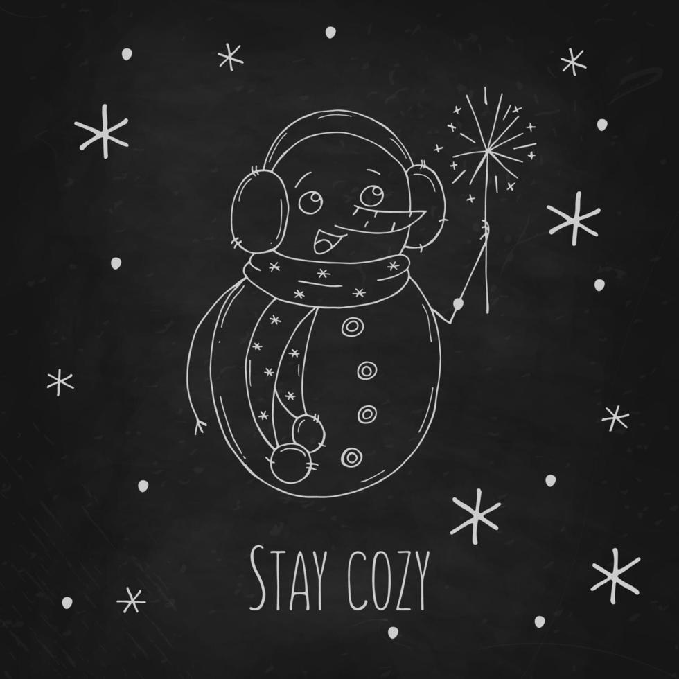 mignon bonhomme de neige avec des flocons de neige sur un tableau noir. illustration vectorielle dans un style doodle. humeur d'hiver. bonjour 2023. joyeux noël et bonne année. vecteur