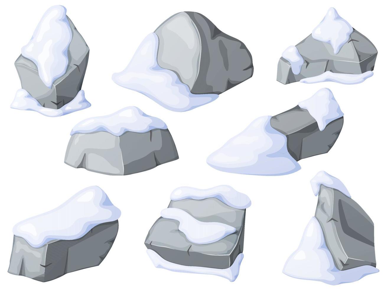 pierres grises ou rochers dans la neige. roches de dessin animé brisées et congères. rochers et congères de dessin animé. âge de glace. vecteur