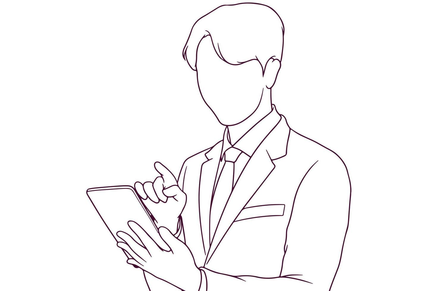 jeune homme d'affaires travaillant avec tablette illustration vectorielle de style dessiné à la main vecteur