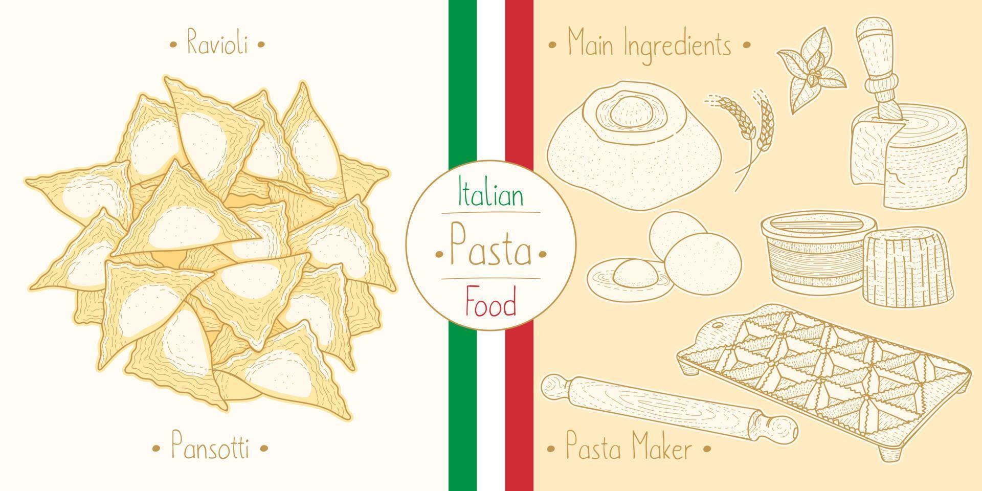 pâtes alimentaires italiennes avec garniture de raviolis pansotti vecteur