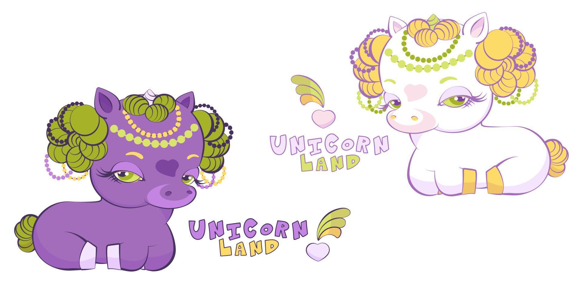 adorables petites licornes princesse blanches et violettes vecteur