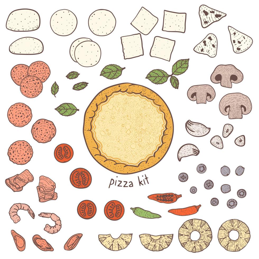 croûte de pizza et garnitures, illustration de croquis vecteur