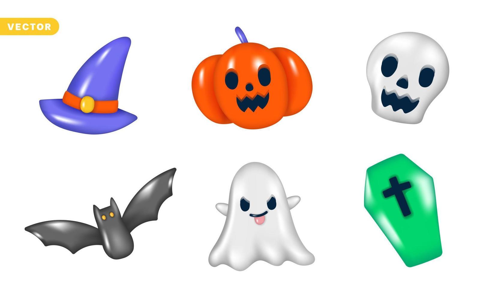 ensemble d'éléments décoratifs 3d joyeux halloween objets icône de dessin animé de vacances tromper ou traiter boo effrayant, chauve-souris, cercueil, crâne, fantôme, chapeau de sorcière, citrouille, lot de pack d'illustrations vectorielles jack o lantern vecteur