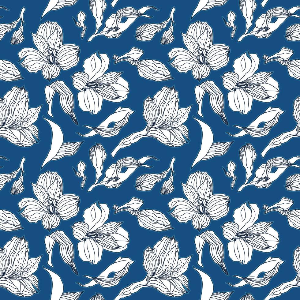 motif transparent bleu foncé avec des fleurs et des bourgeons d'alstroemeria blancs vecteur