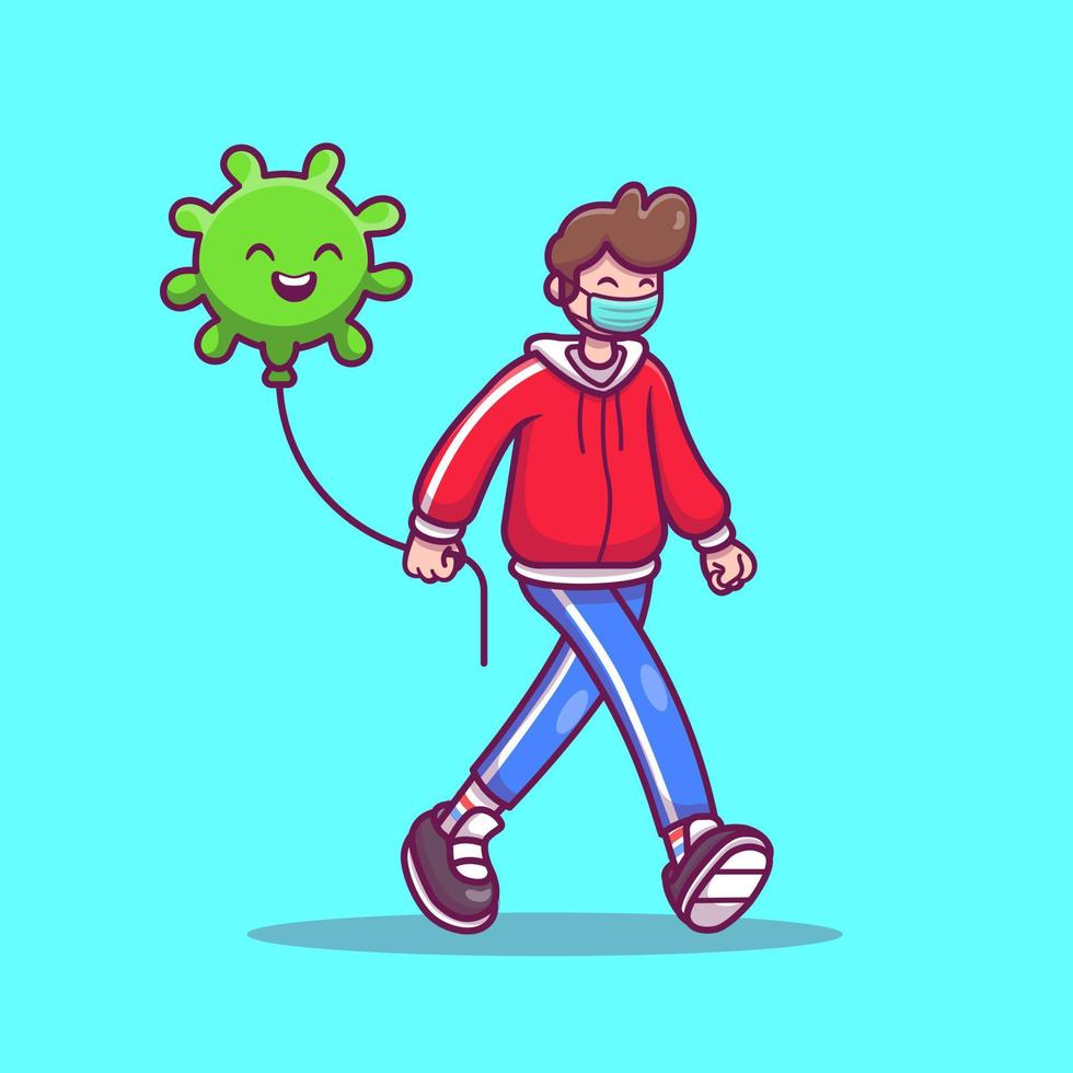 homme marchant avec illustration d'icône de vecteur de dessin animé de ballon de virus. concept d'icône de personnes et de virus isolé vecteur premium. style de dessin animé plat