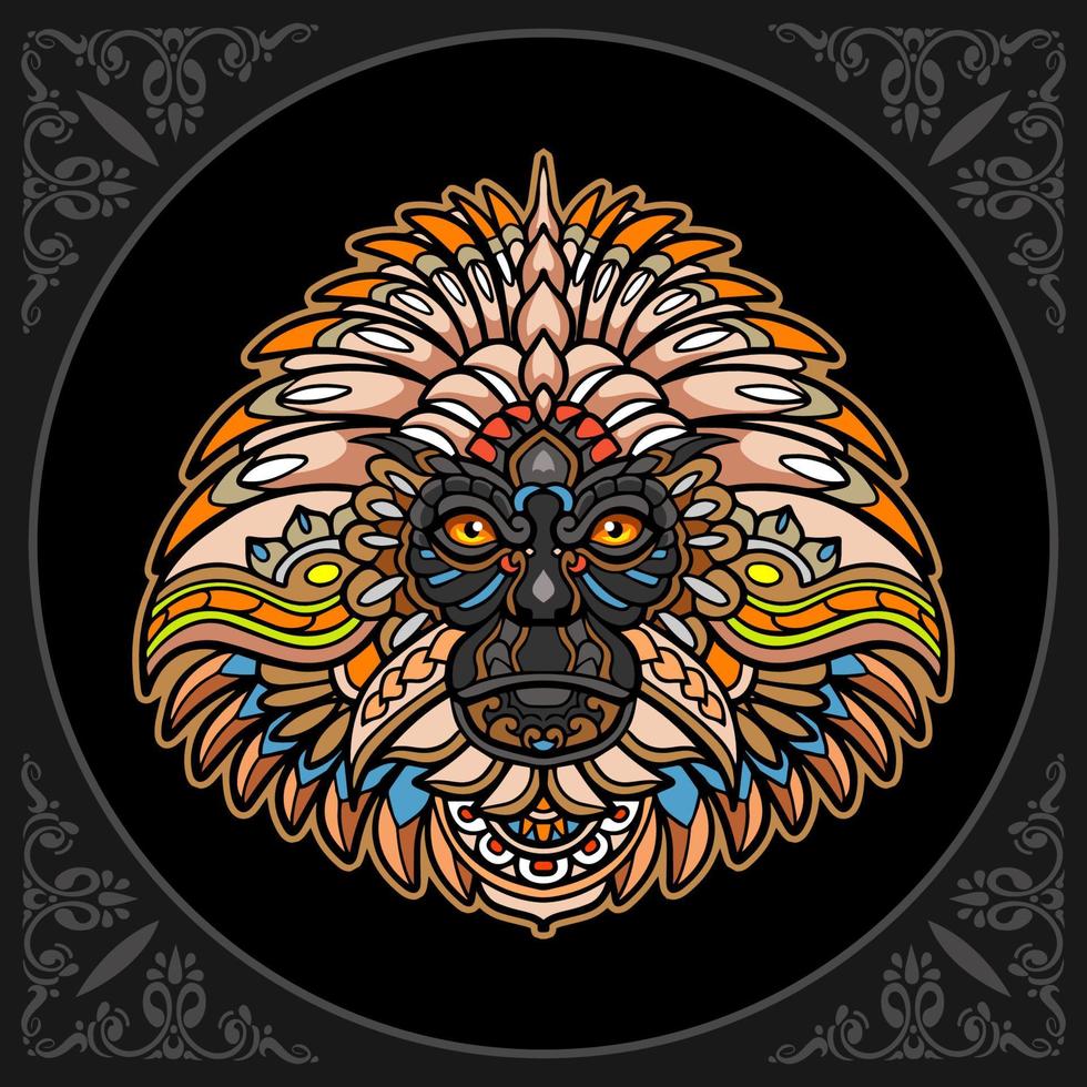 Tête de singe coloré arts mandala isolé sur fond noir vecteur