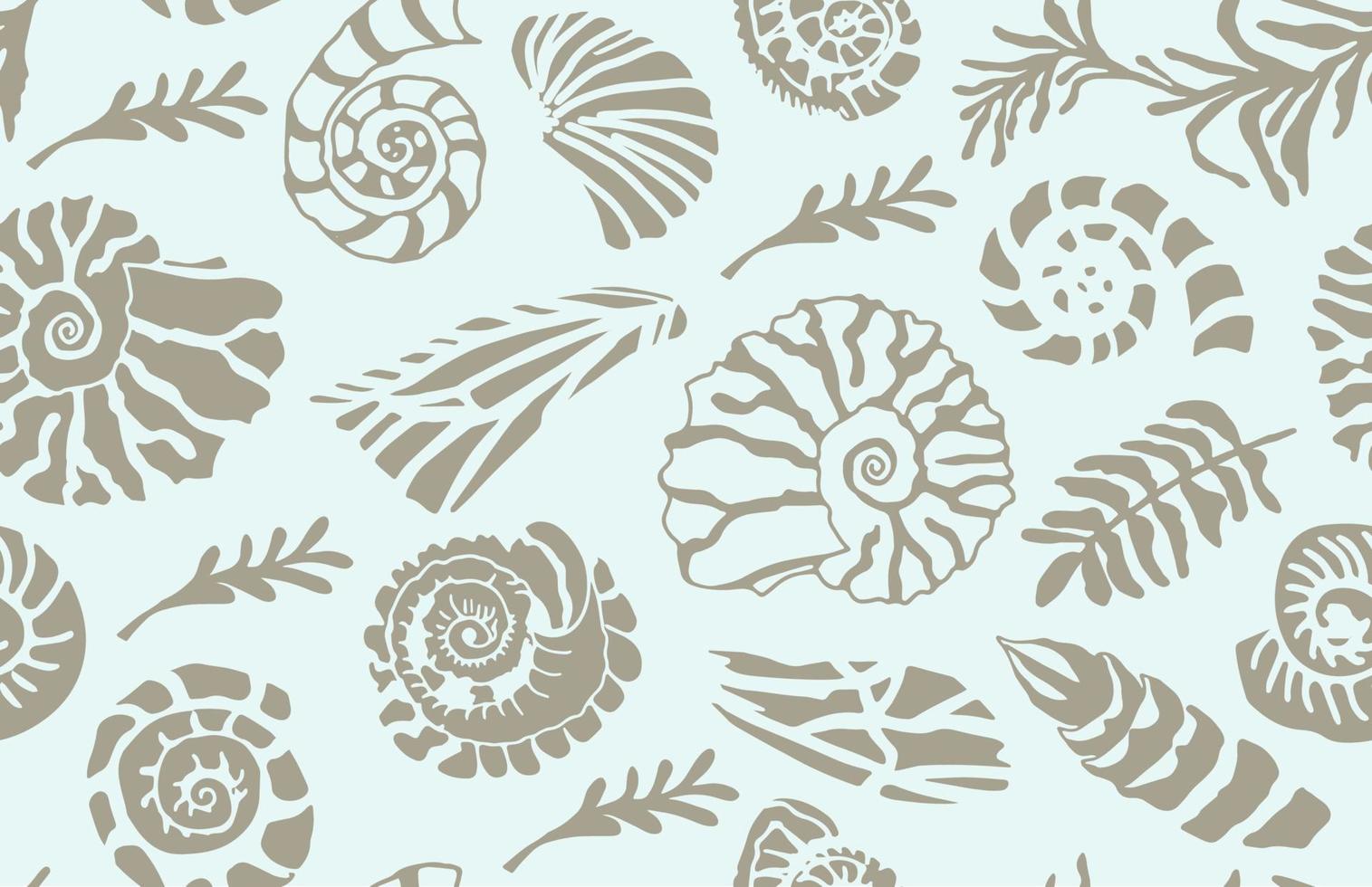 pochoir coquillages et plantes modèle sans couture art dessiné à la main de coquille d'océan ou conque mollusque pétoncle mer animal sous-marin fossile nautique et aquarium, thème marin. illustration vectorielle vecteur