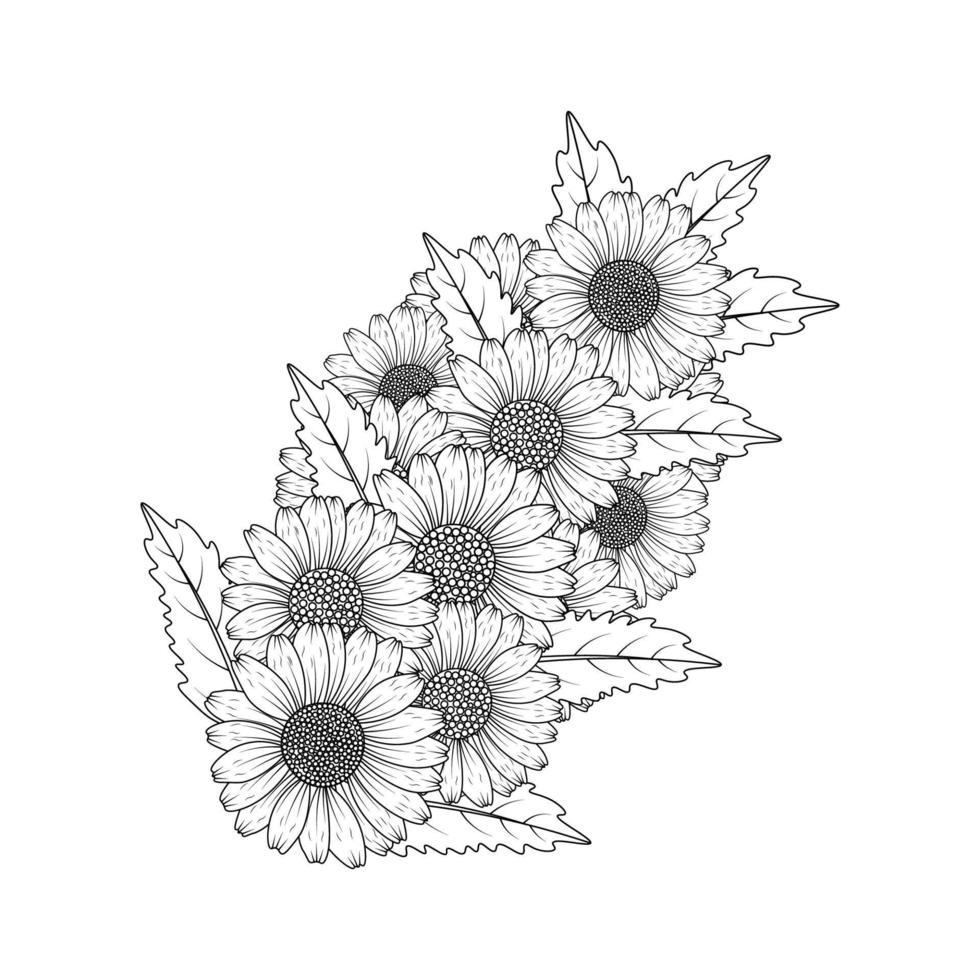 coloriage de dessin de fleur de marguerite avec dessin d'art de doodle en illustration vectorielle de dessin au trait détaillé vecteur