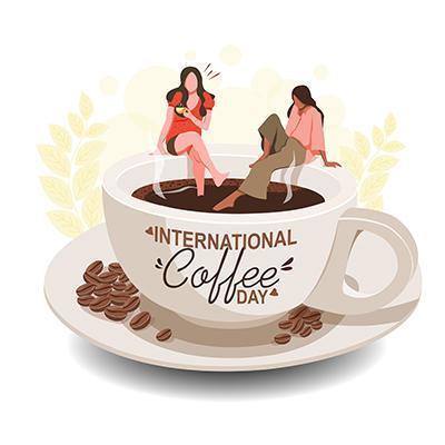 conception de jour de café avec des femmes assises sur une tasse de café vecteur