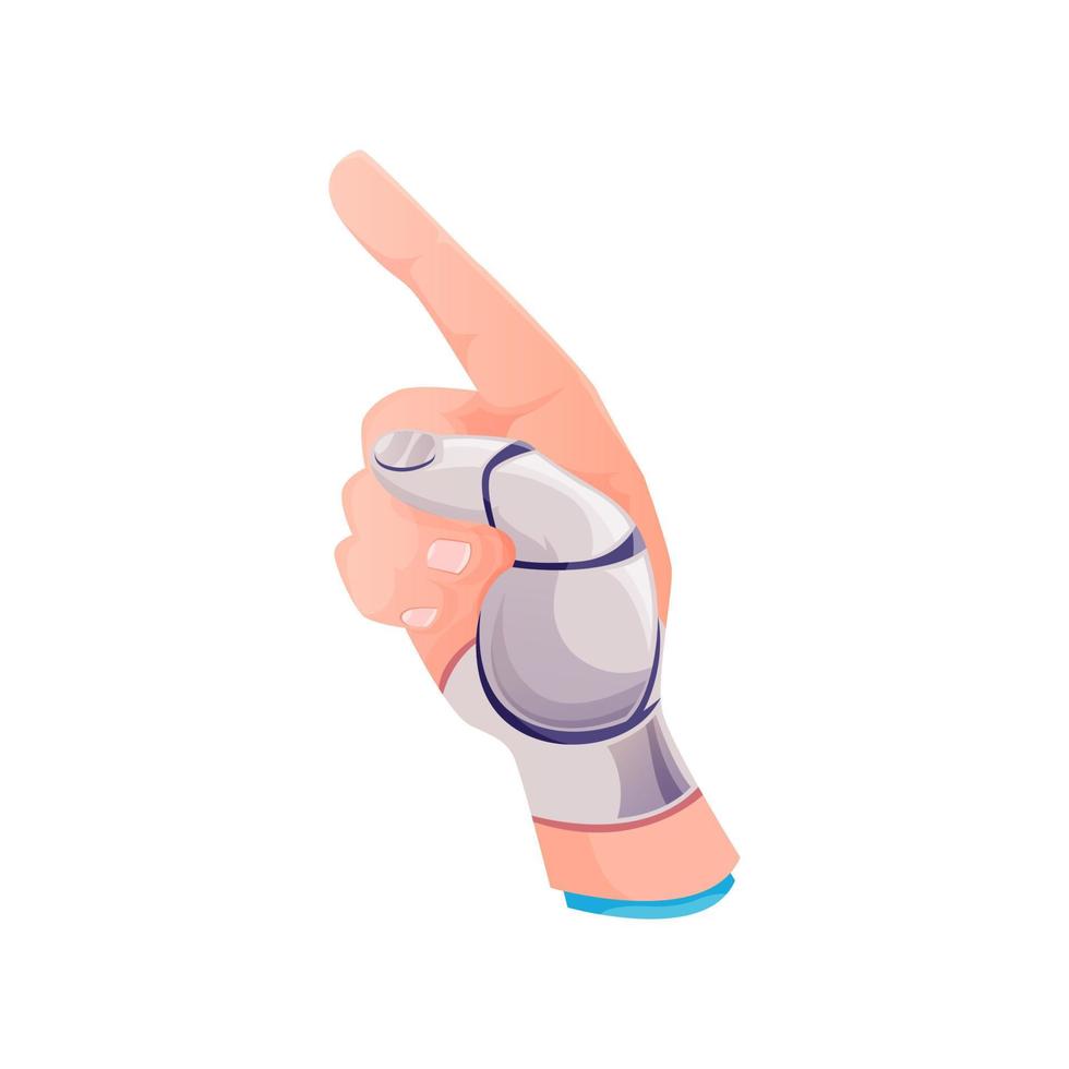 main humaine de prothèse robotique, pointant le doigt vers le haut de l'icône de dessin animé isolé. vecteur innovation médecine membre de palmier cyborg robotisé handicapé. main artificielle de robot futuriste avec doigt en métal