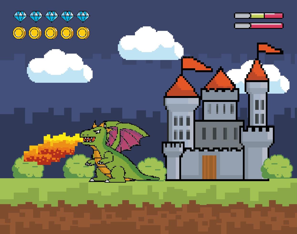 jeu vidéo, château pixel-art et scène de dragon vecteur