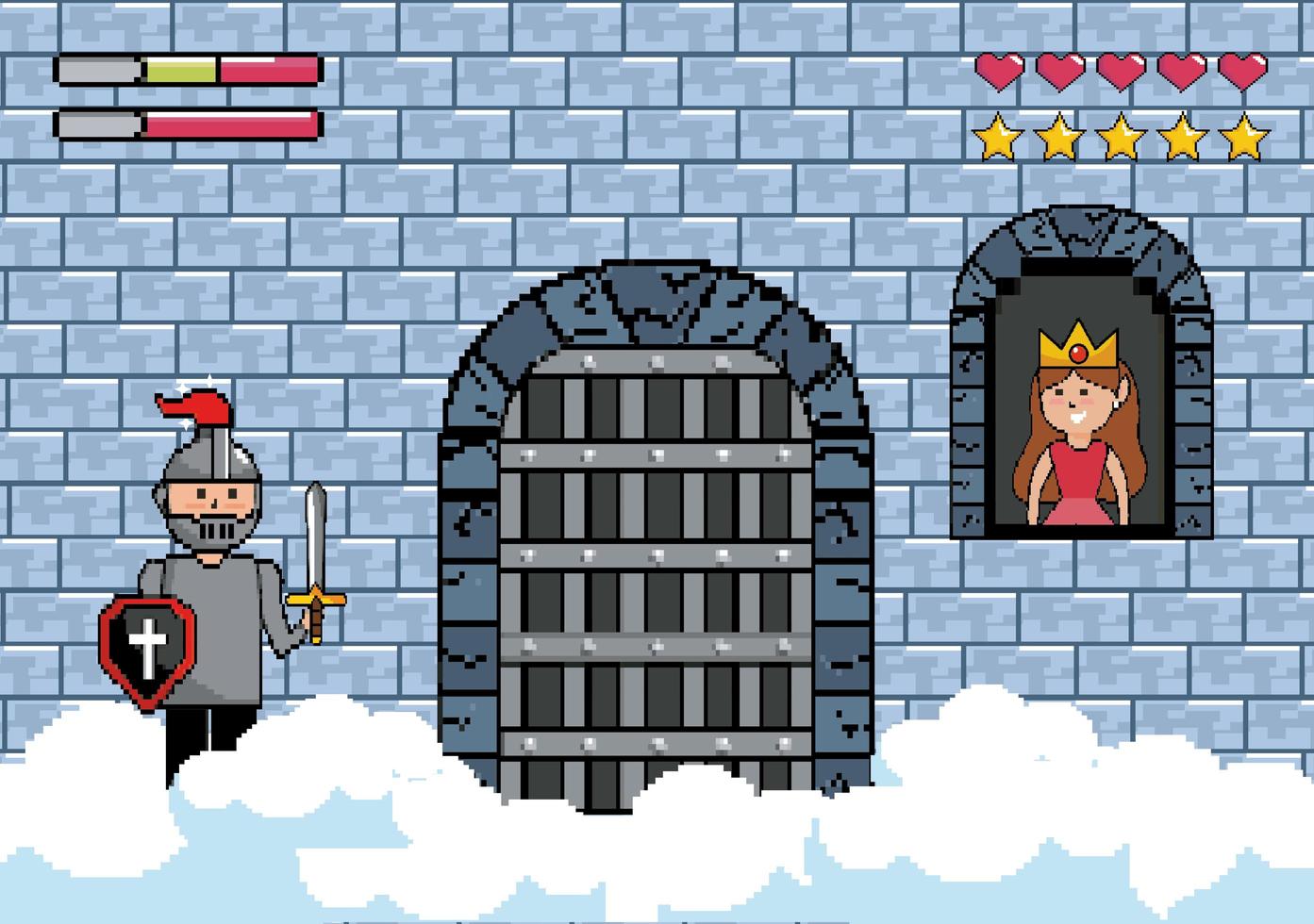 Pixel-art princesse et soldat dans un château vecteur