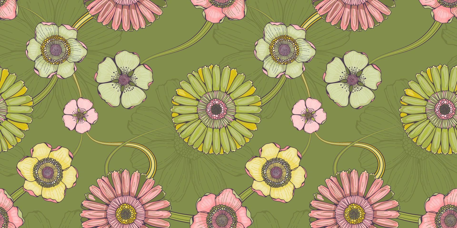 motif floral vert sans couture avec gerberas et magnolias vecteur