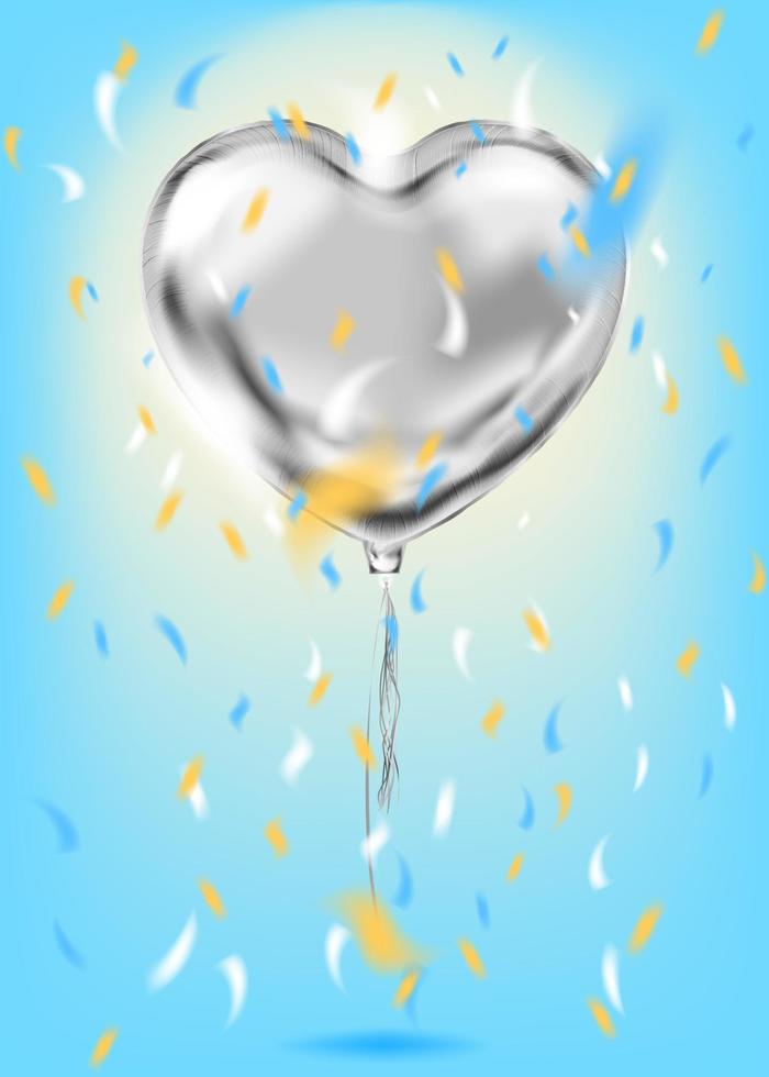 confettis de ballon en forme de coeur en feuille d'argent sur fond bleu. modèle pour la célébration d'anniversaire, la fête et tous les événements de vacances vecteur