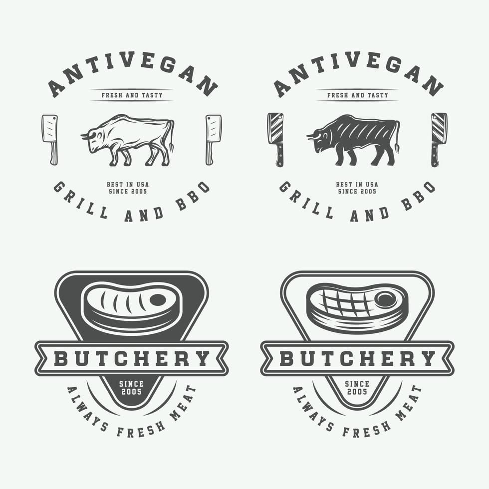 ensemble de logos, emblèmes, badges, étiquettes de viande de boucherie vintage, de steak ou de barbecue. art graphique. illustration vecteur